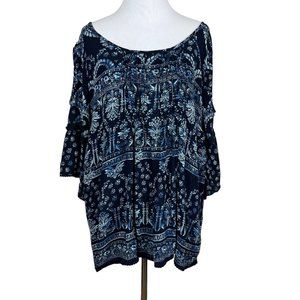 Bila Top Womens Large Navy Blue Paisley Cold Shoulder 3/4‎ Flare Sleeve Gauze